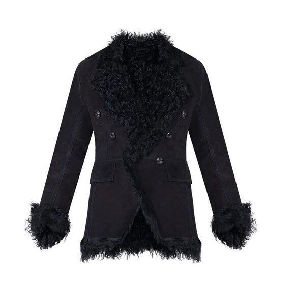 Veronica Beard Huntley Suede and Shearling Double Breasted Blazer in Black 6 - Picture 2 of 12